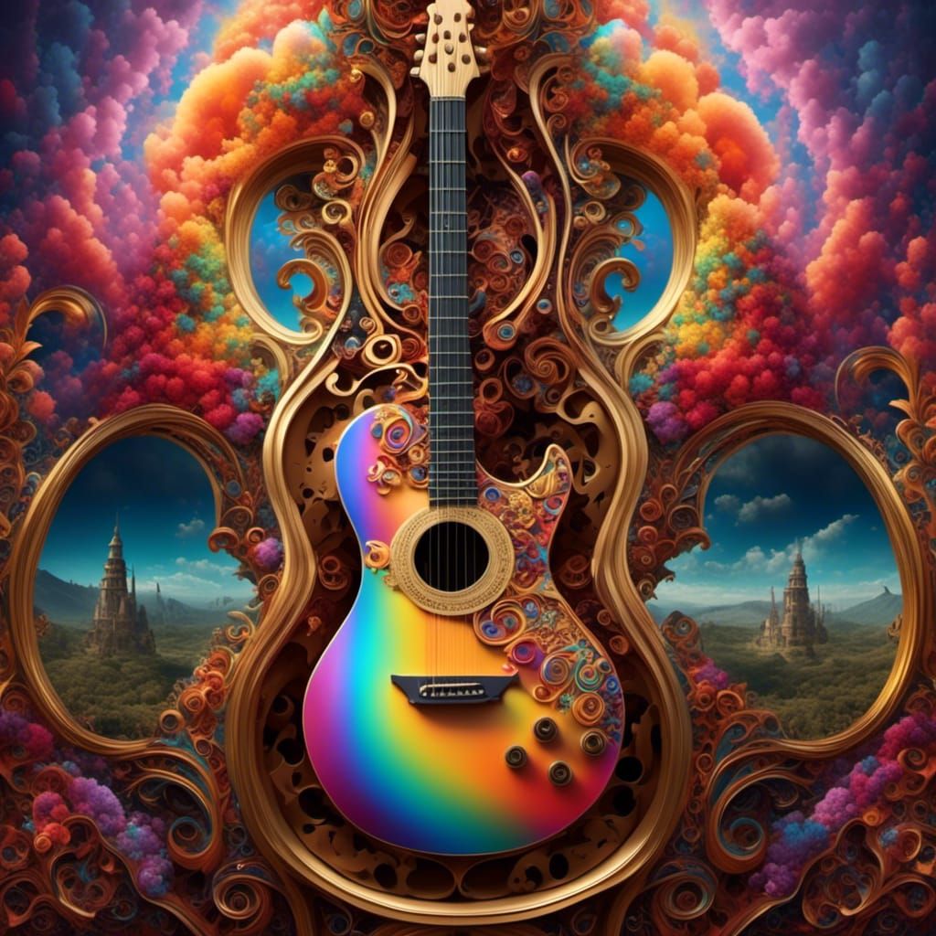 Steampunk Guitar with Fractal Swirls in Rococo Style