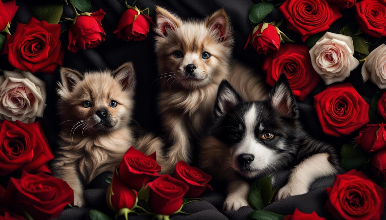Hyperrealistic Dogs, Kittens, and Red Roses
