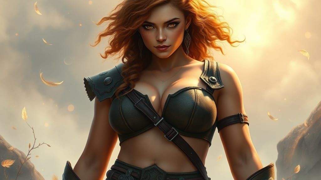 Ethereal Barbarian Warrioress in Mystical Highland Landscape