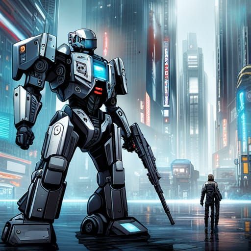 Cyberpunk Mech Warrior in Futuristic Cityscape