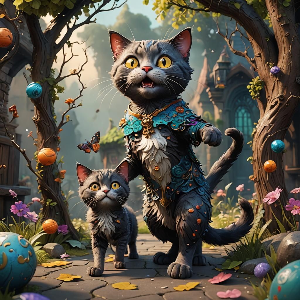 Whimsical Cute Cat Matte Painting in Deep Color