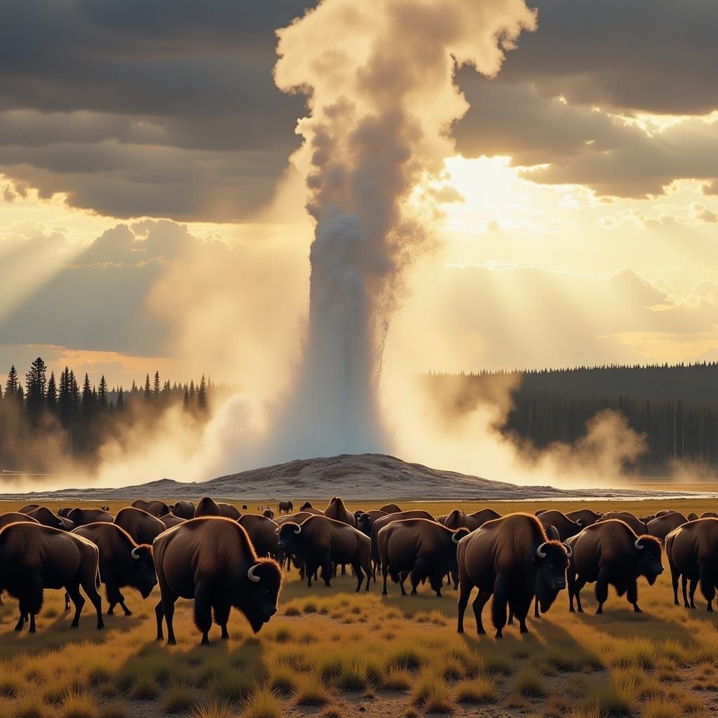 Old Faithful Geyser with Buffalo at Dusk