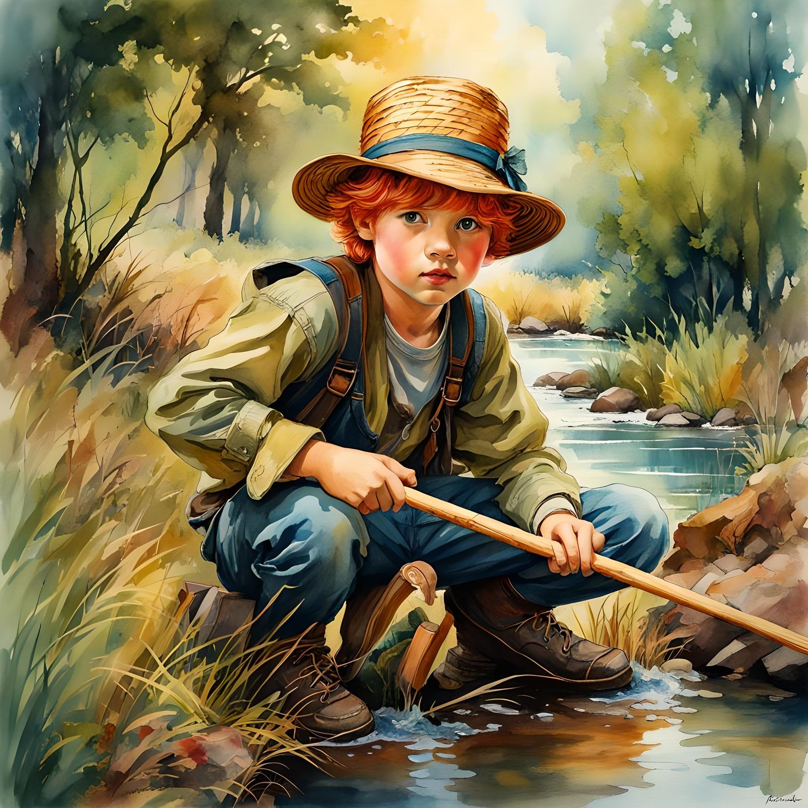 Redhead Boy Fishing in Creek, Watercolor Illustration