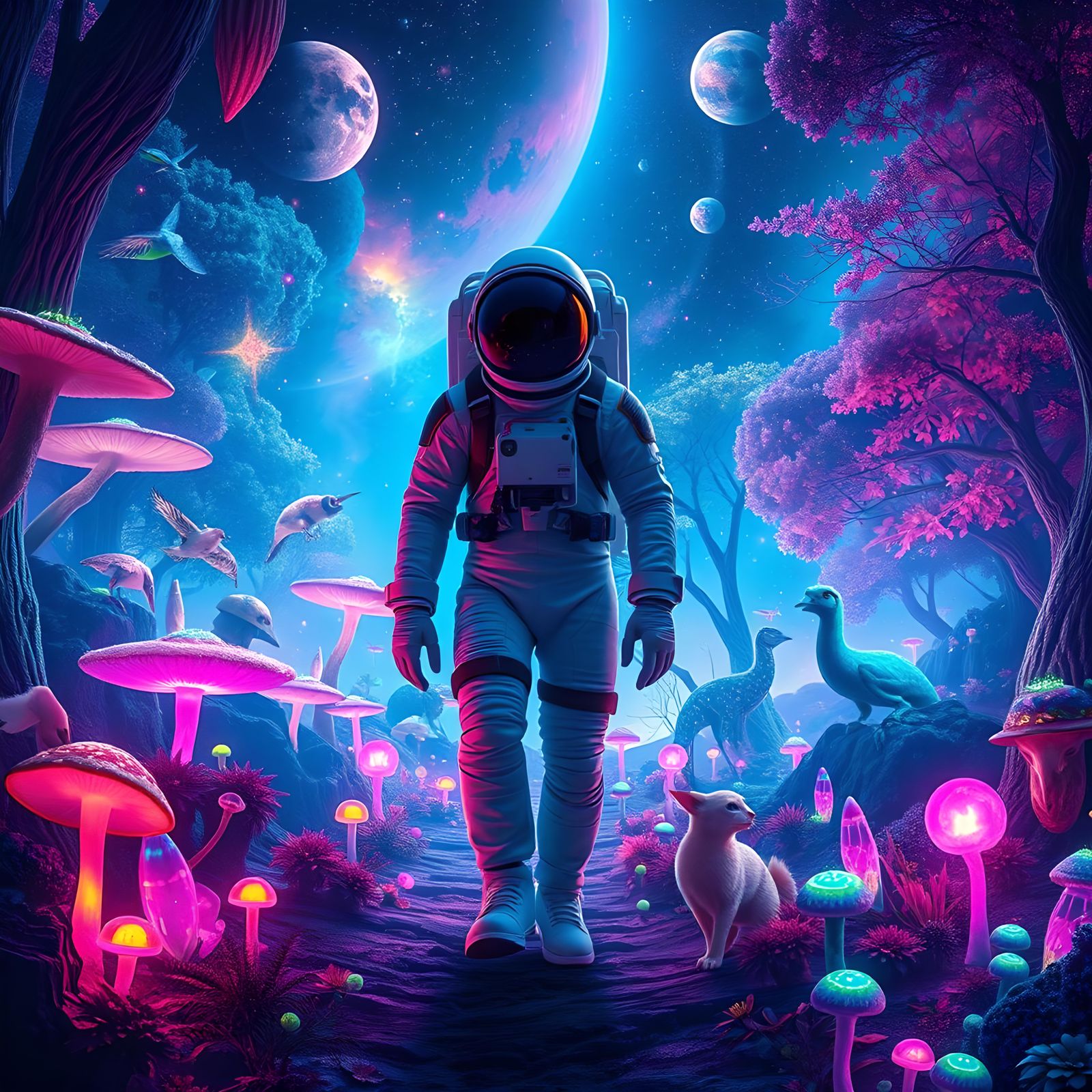 Astronaut's Colorful Forest Adventure: Fantasy Concept Art