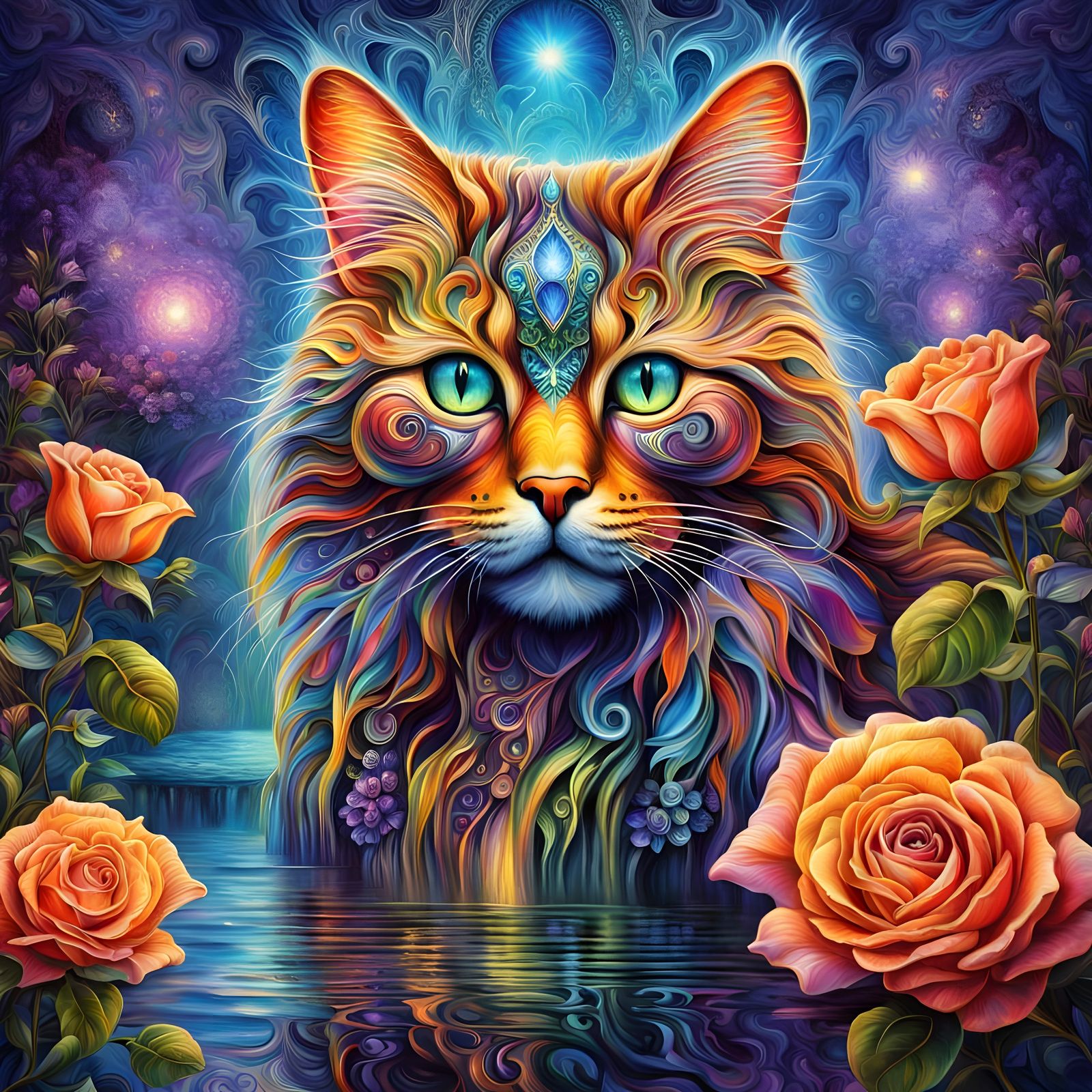 Surreal Feline Goddess in Whimsical Triadic Hues