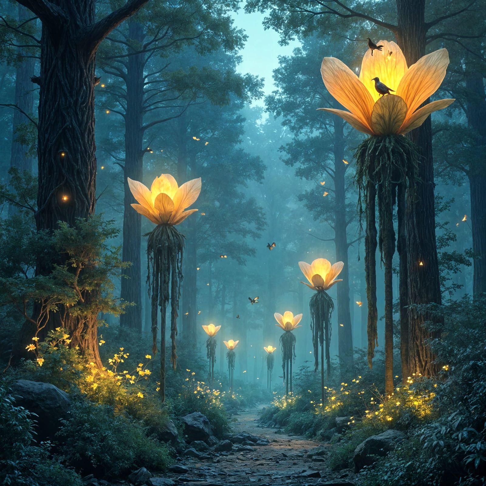 Bioluminescent Forest with Musical Plants at Dusk