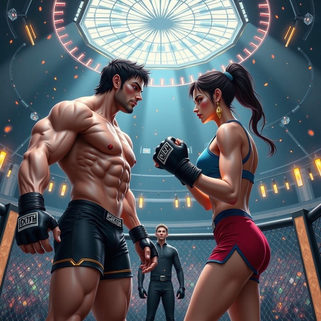 Dynamic MMA Fighters Clash in Octagon Cage