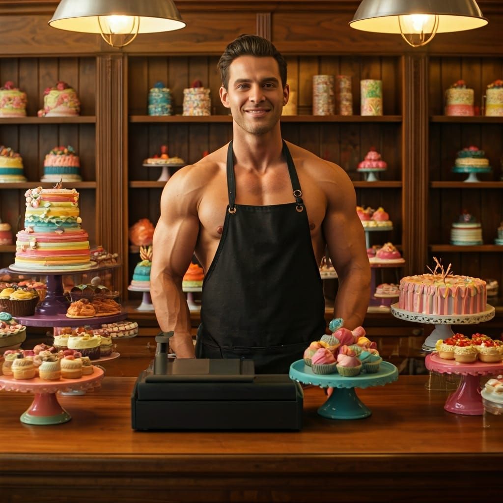 Pride Bakery with Rainbow Cakes and Shirtless Cashier