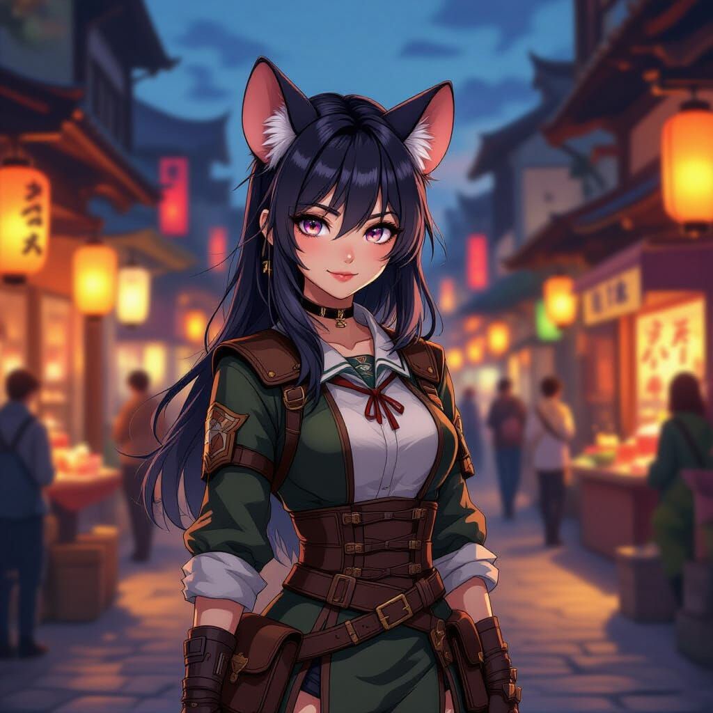 Adventurous Rat Girl in Fantasy Marketplace at Dusk