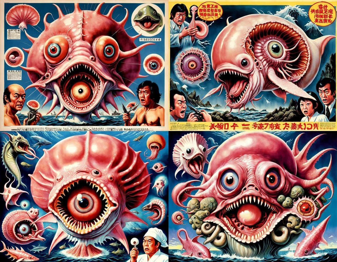 Grotesque Japanese Creature in 1970s Horror Movie Poster