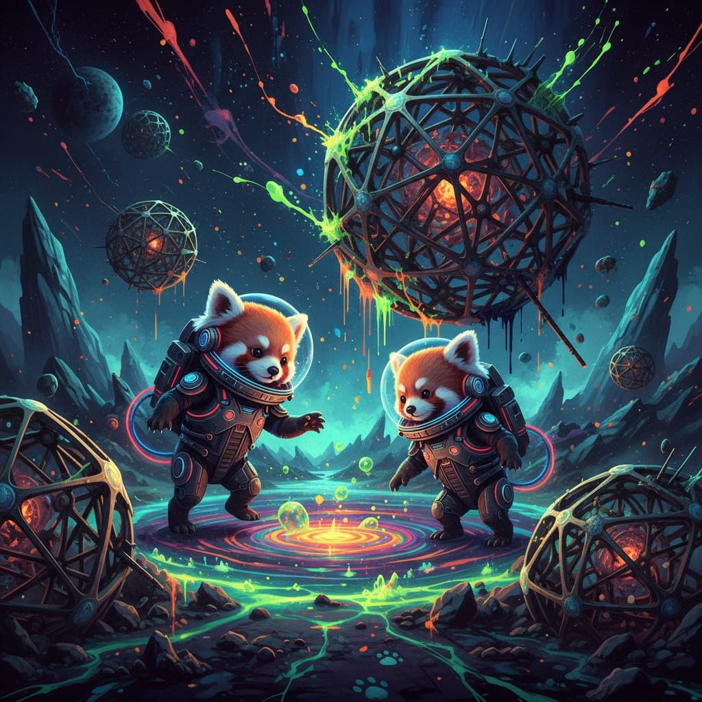 Red Pandas Explore Alien Maze in Tachisme Cybernetic Style