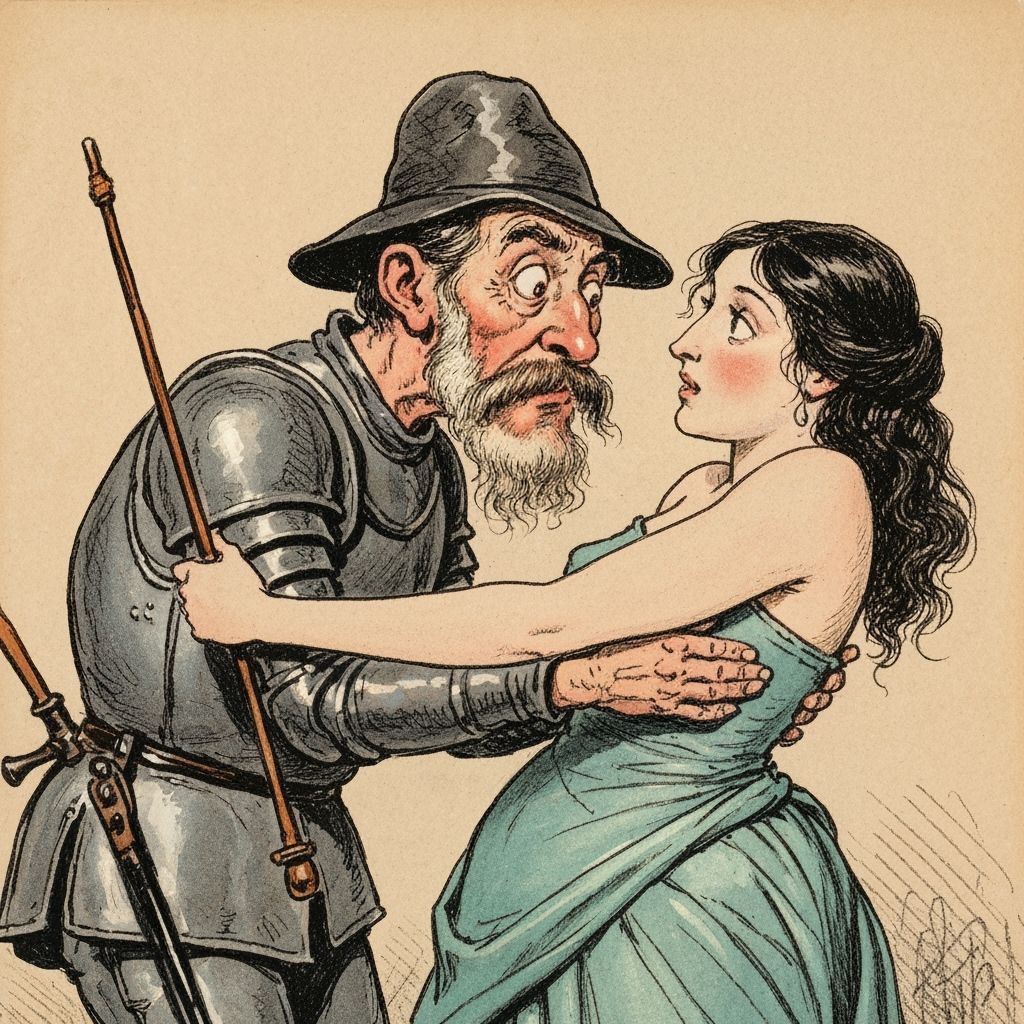 Don Quixote Courts Dulcinea in Daumier Caricature Style