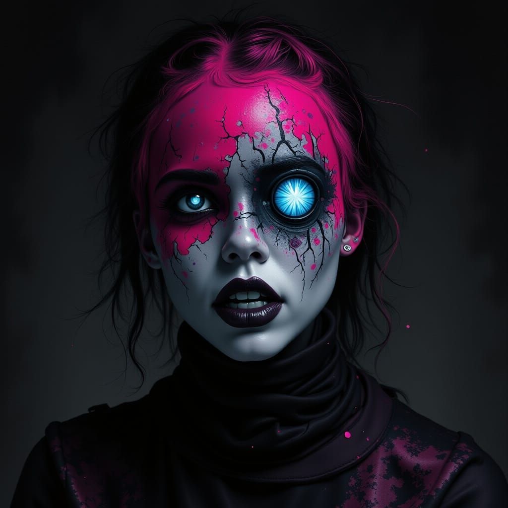 Mysterious Woman with Pink Face Paint, Hyperrealistic Style