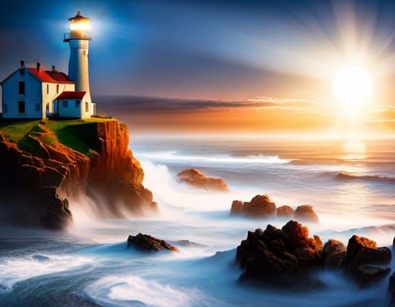 Ethereal Lighthouse Scene at Sunset