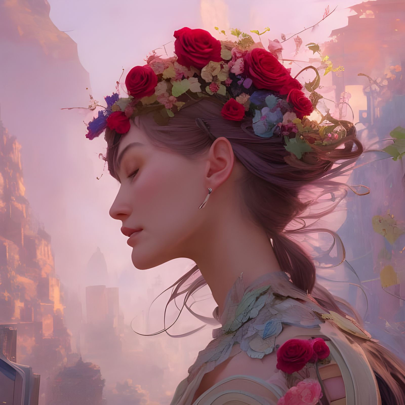 Woman with Roses: Detailed Digital Art