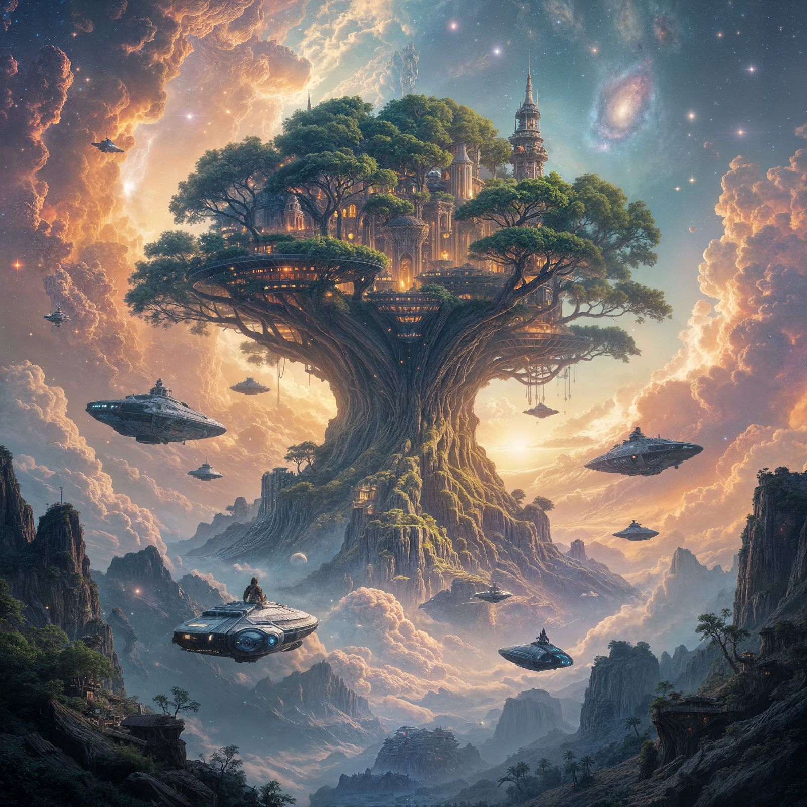 Colossal Nebula Treehouse City for Cosmic Explorers