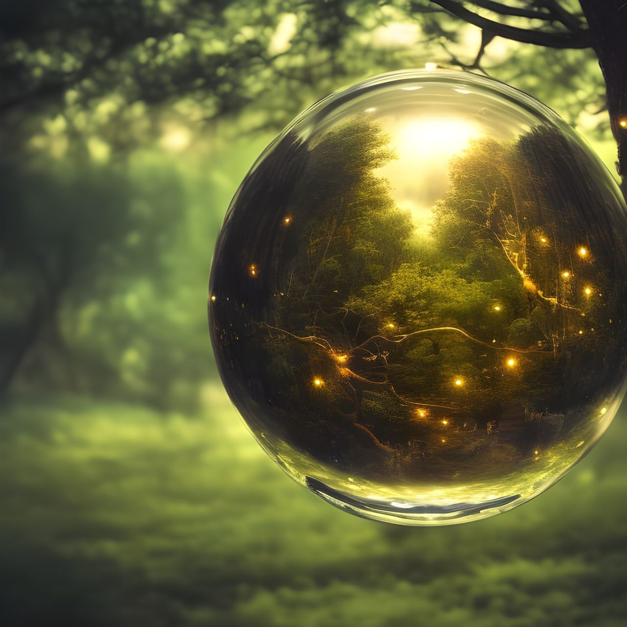 Glass Sphere in Tree Branches with Bokeh Lighting