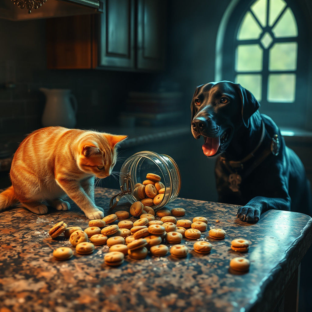 Mystical Kitchen Mischief: Cat, Dog, and Cookies