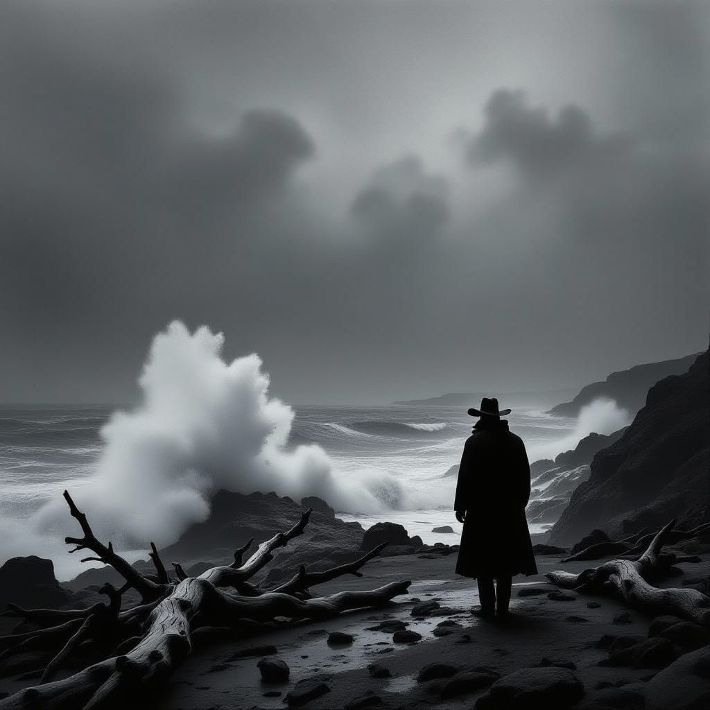 Cowboy Silhouetted on Stormy Coast in Black and White