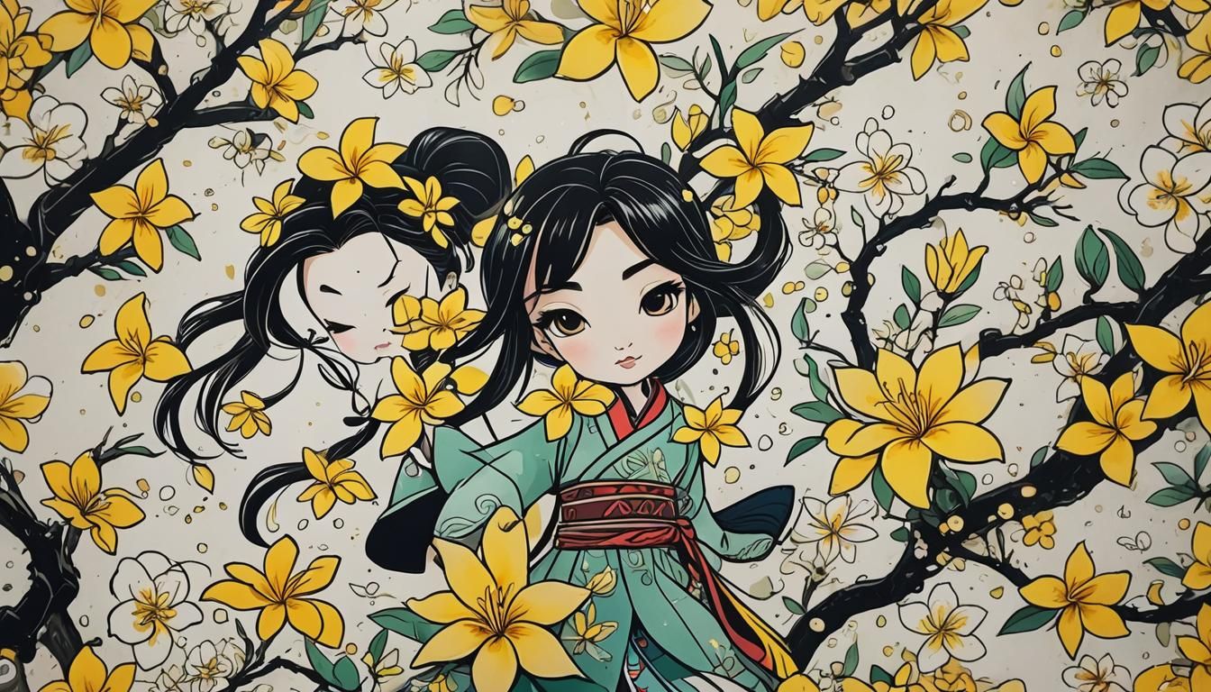 Chibi Mulan with Plumeria Flowers in Ink