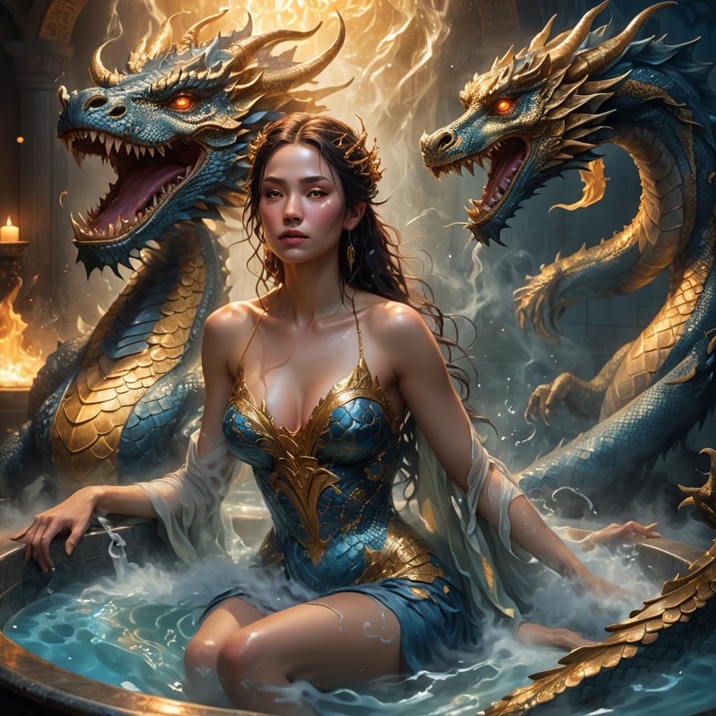 Mythical Woman and Luminous Dragon in Fantasy Art