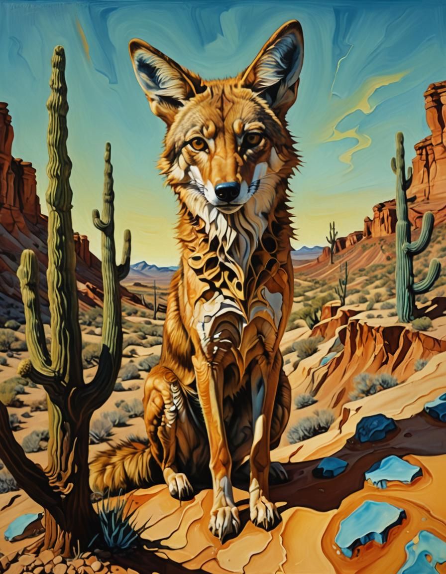 Coyote in Arizona Desert, Surrealist Melting Oil Painting