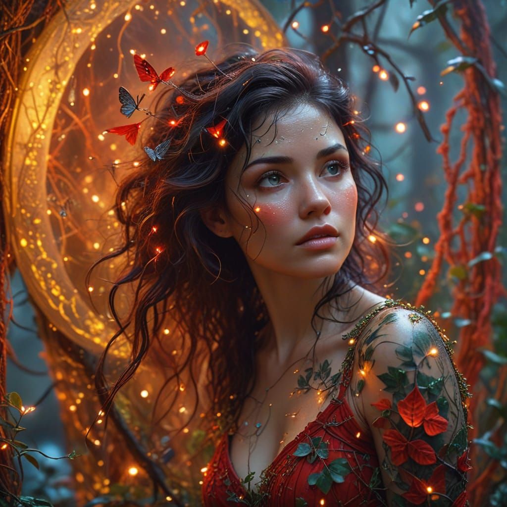 Mystical Young Woman Amidst Stormy Nature Scene in Red Botan...