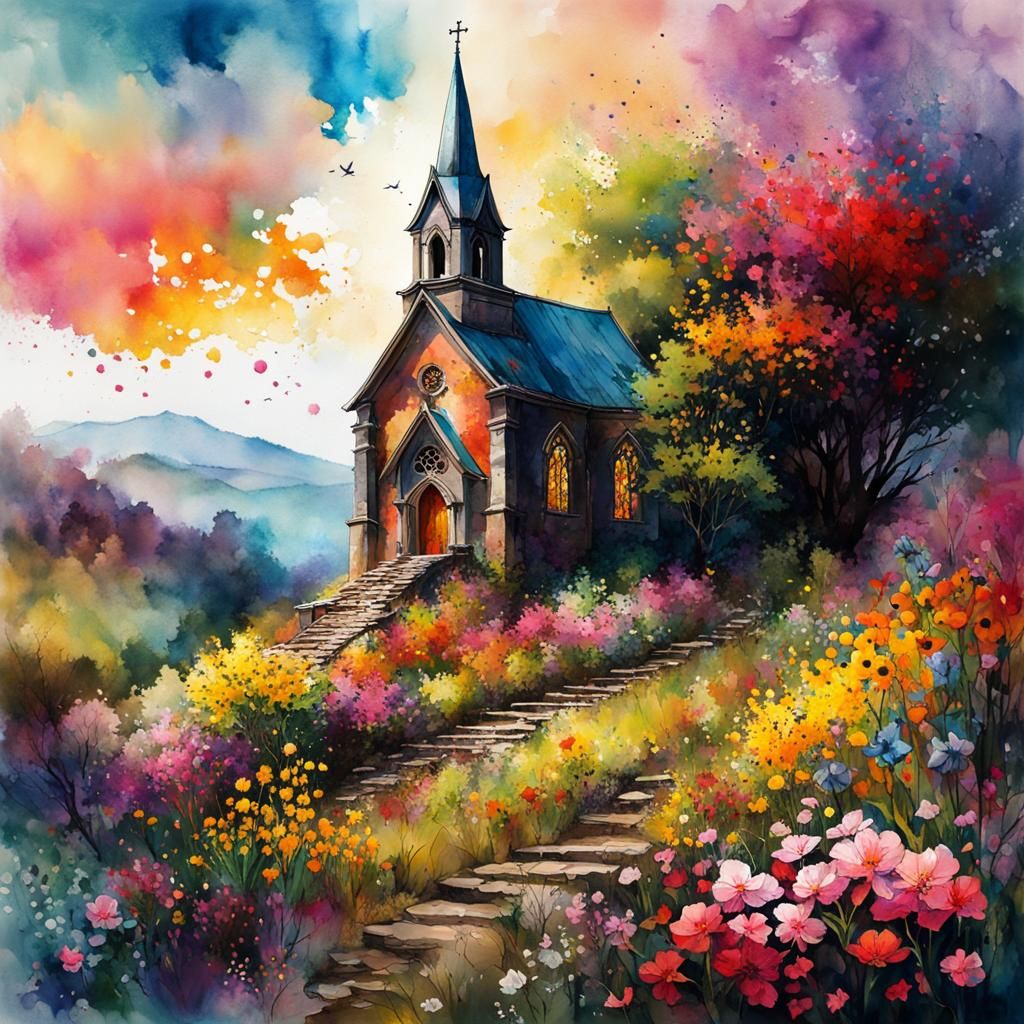 Hilltop Church in Hyperdetailed Watercolor Style