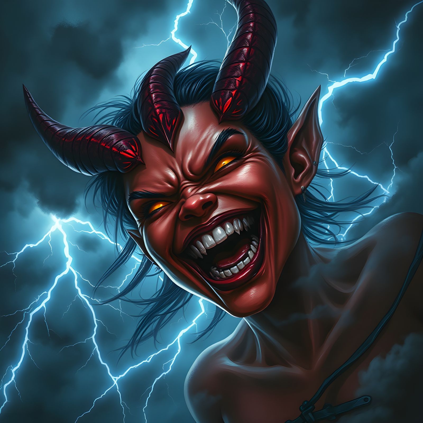 Demon Girl Laughing in Thunderstorm: Fantasy Concept Art