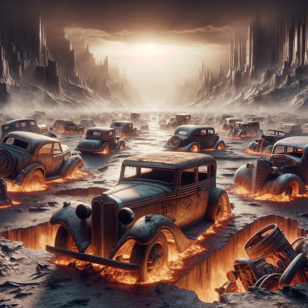 Vintage Cars Burning in Hades, 3D Ultrarealistic Rendering