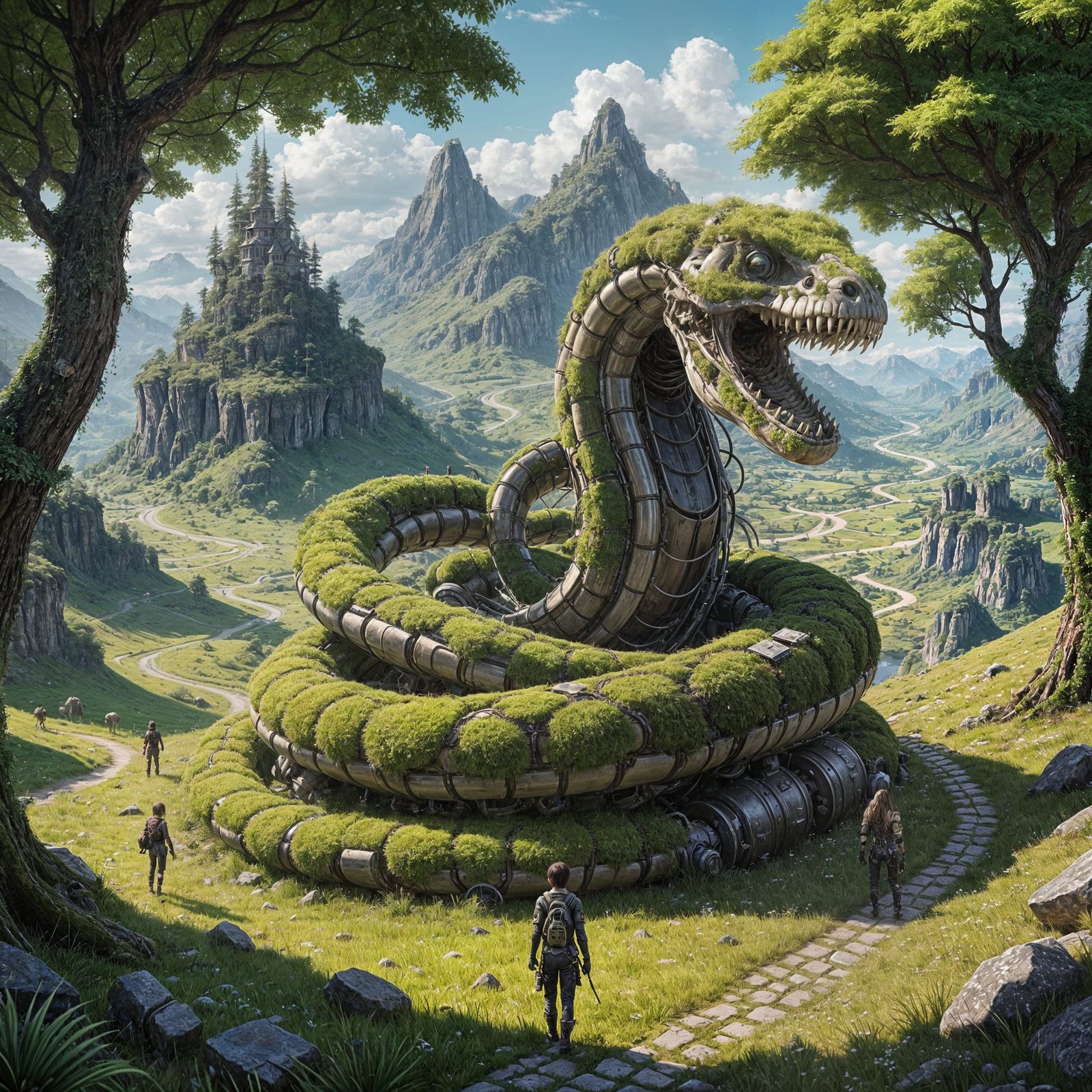 Mechanical Snake Skeleton in a Lush Valley Scene, Inspired b...