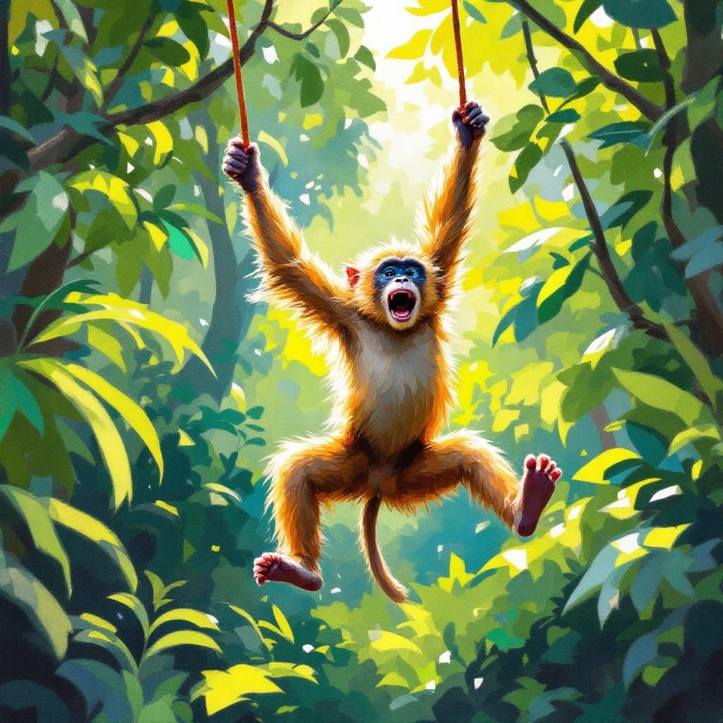 Macaque in Lush Jungle Scene, Impressionist Style