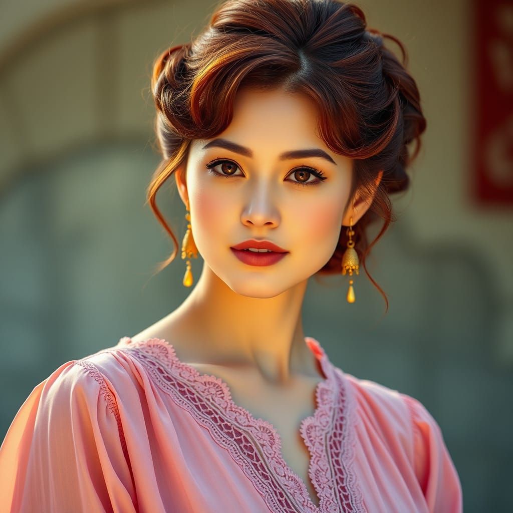 A romantic and elegant digital portrait created with acrylic and vivid oils of a beautiful woman with softly tousled red...