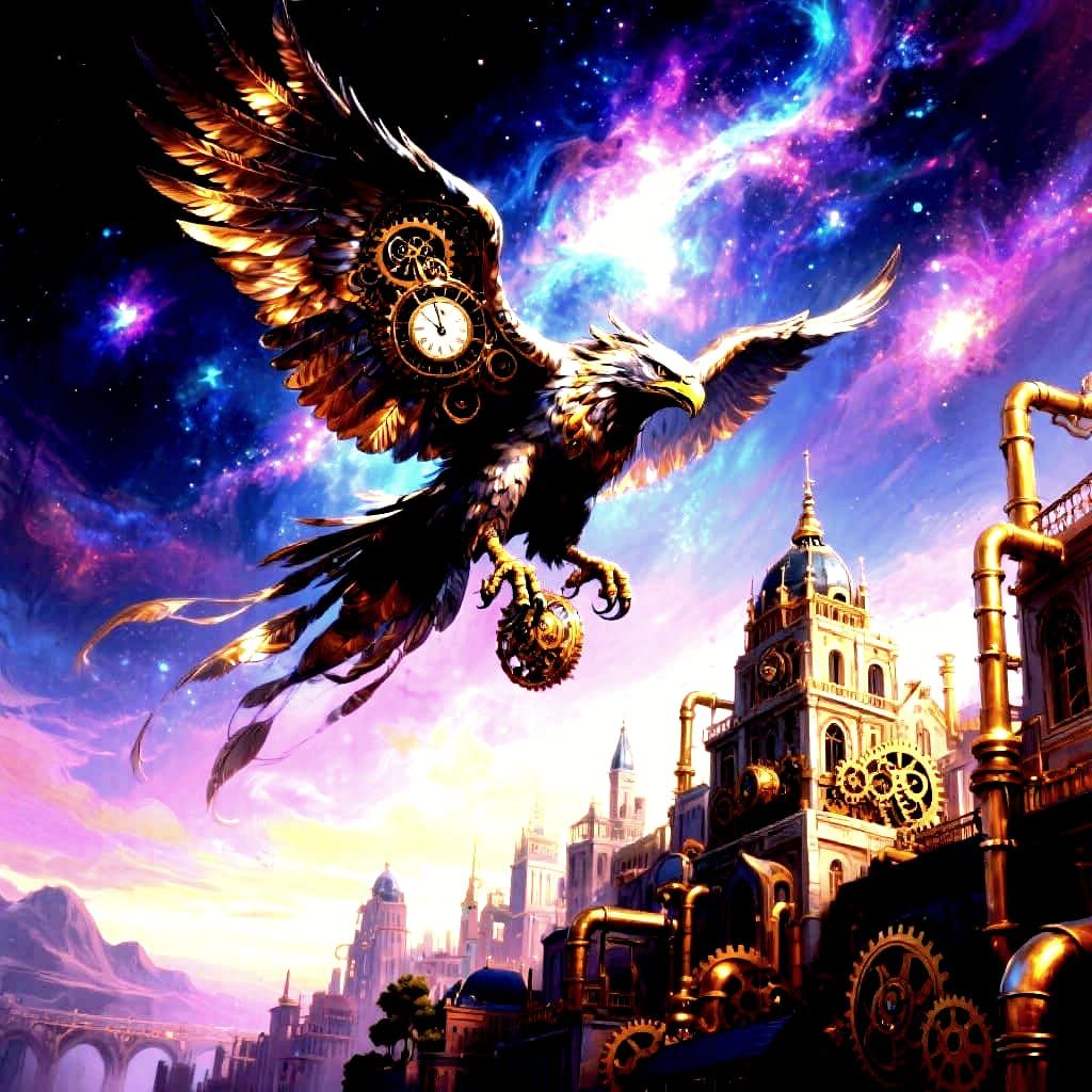 Clockwork Griffin Soaring Above Steampunk City