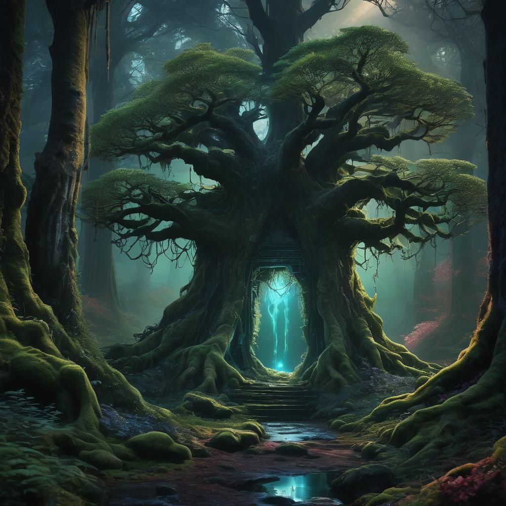 A dense, enchanted forest with towering, ancient trees cover...