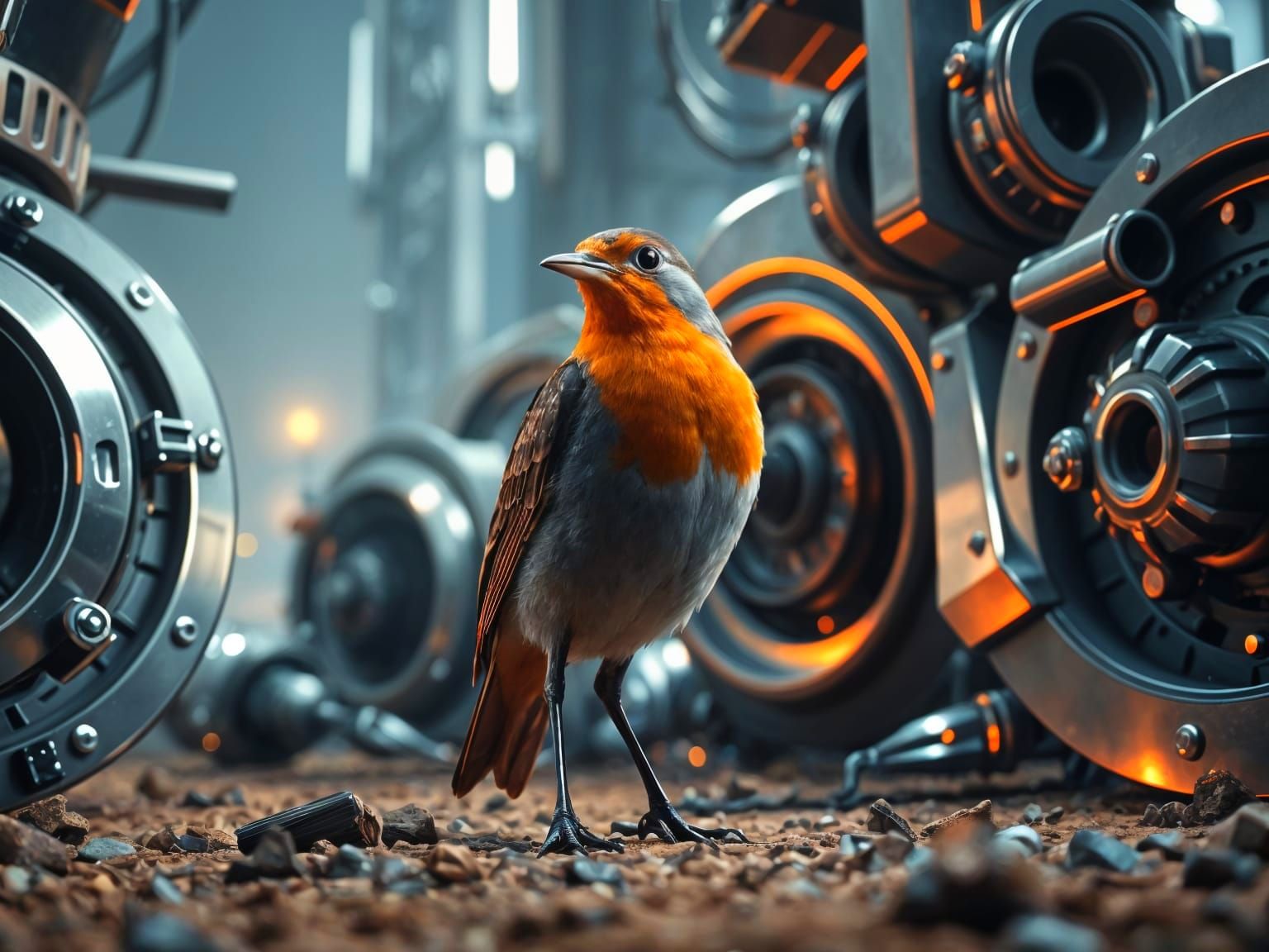 Robin and Sleek Machinery in Sci-Fi Epic Scene