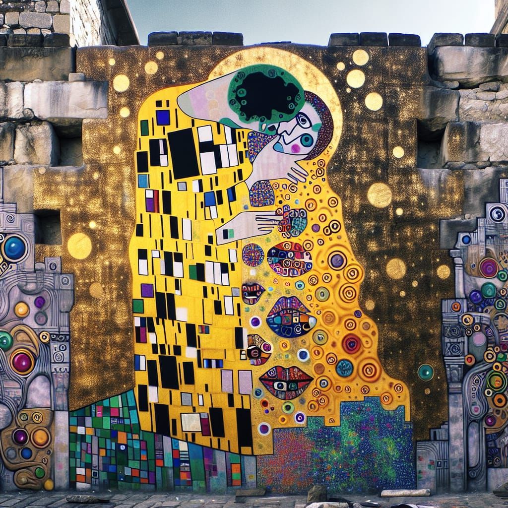 Klimt-Style Street Art on Ancient Wall