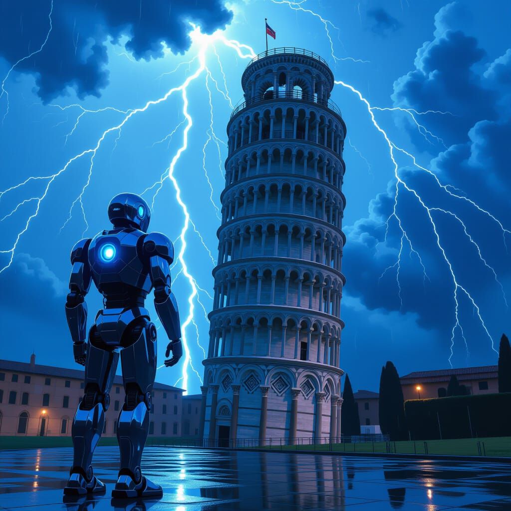Pisa Tower Under Thunderstorm With Metallic Robot