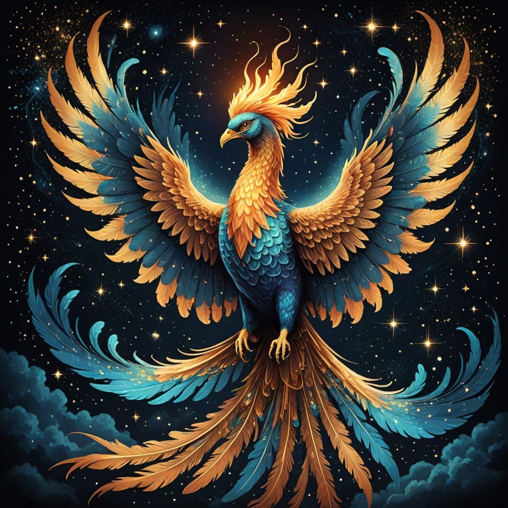 Bioluminescent Phoenix Rising from Galaxy in Vintage Poster ...