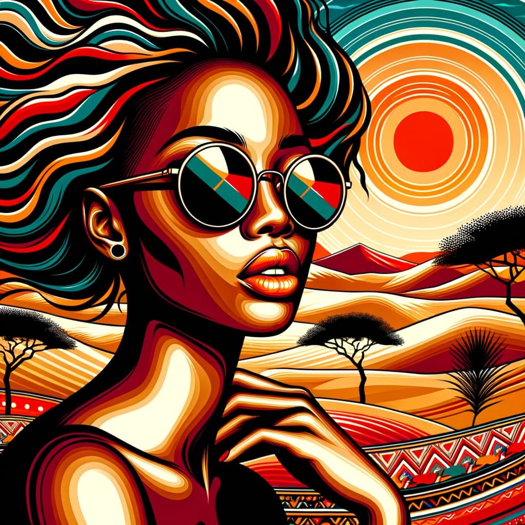Vivid African Landscape with Woman in Sunglasses