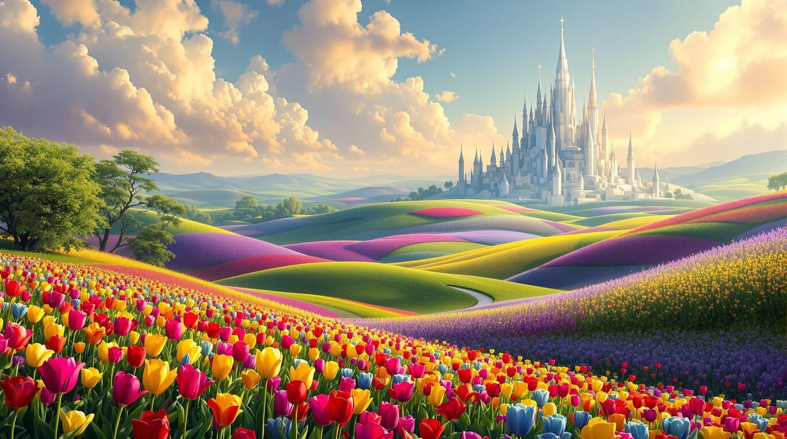 Vibrant Rainbow Tulips and Crystal Castle in Whimsical Lands...