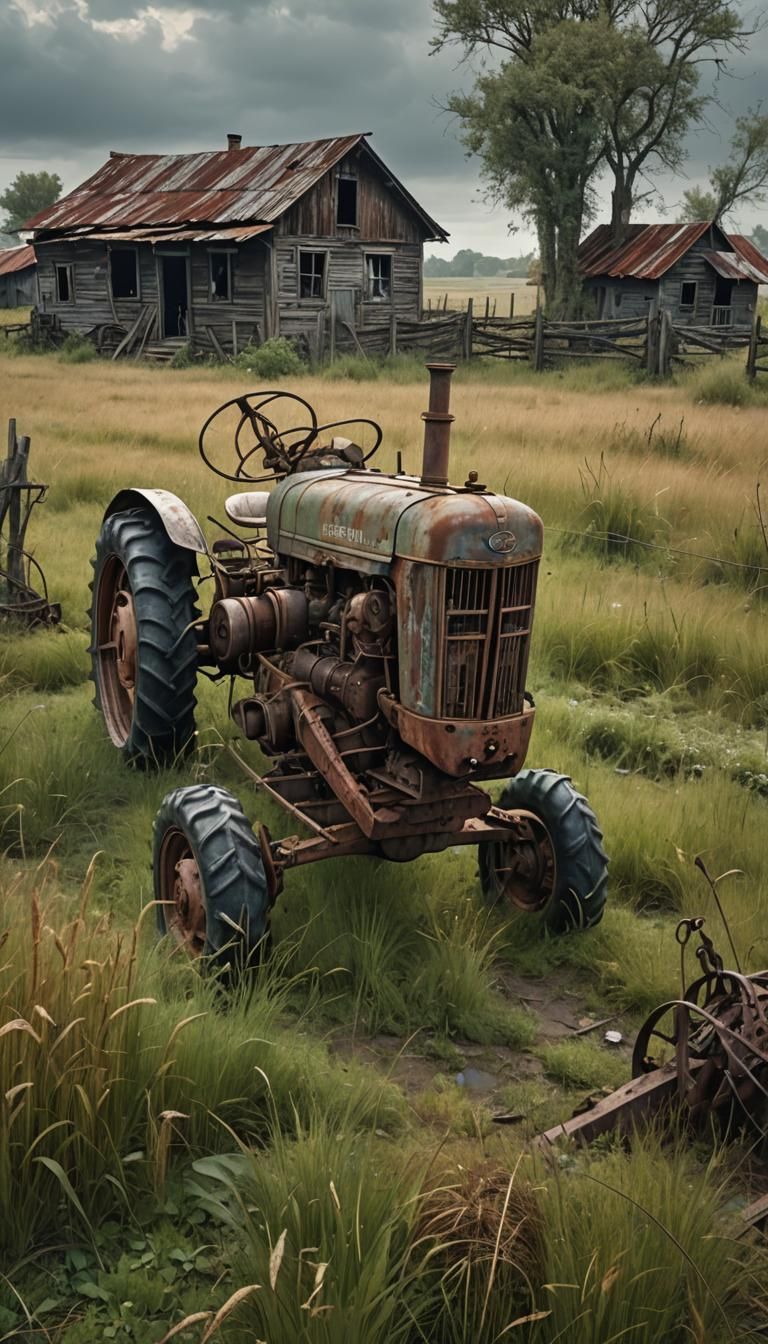 Turkey in Field with Derelict Tractor, Digital Painting