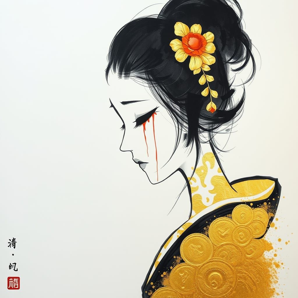 Geisha's Bloody Tears in Sumi-e Mixed Media