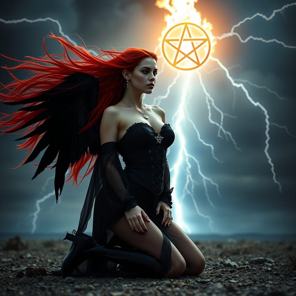 Gothic Goddess with Red Hair and Black Wings