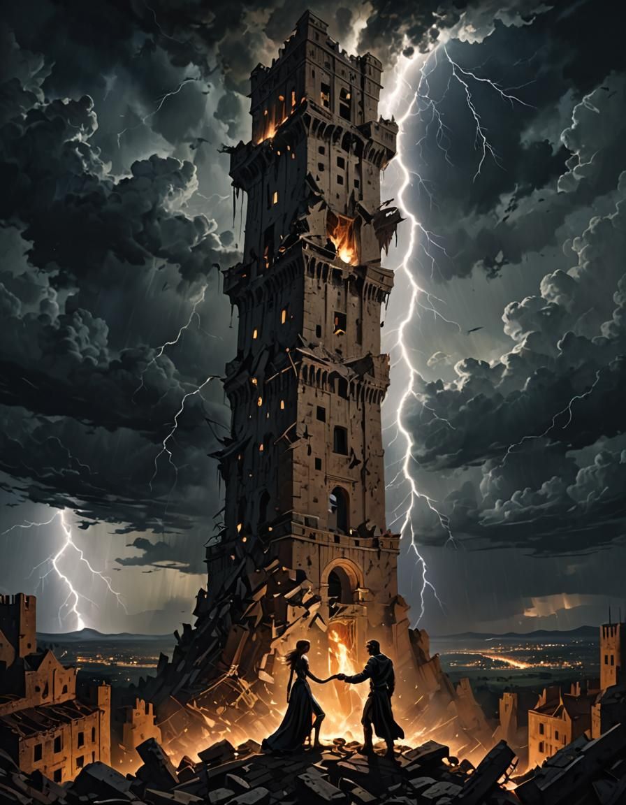 Dramatic Tower Collapse with Embracing Couple