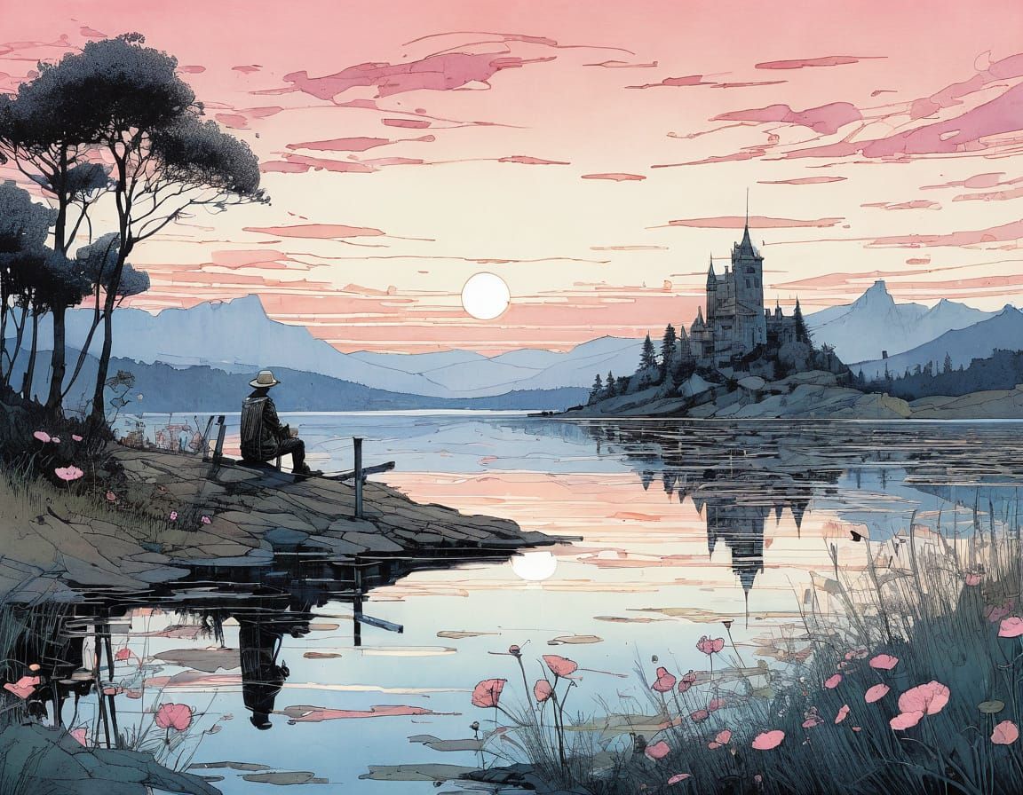 Summer Lake at Pink Sunset, Illustrative Style
