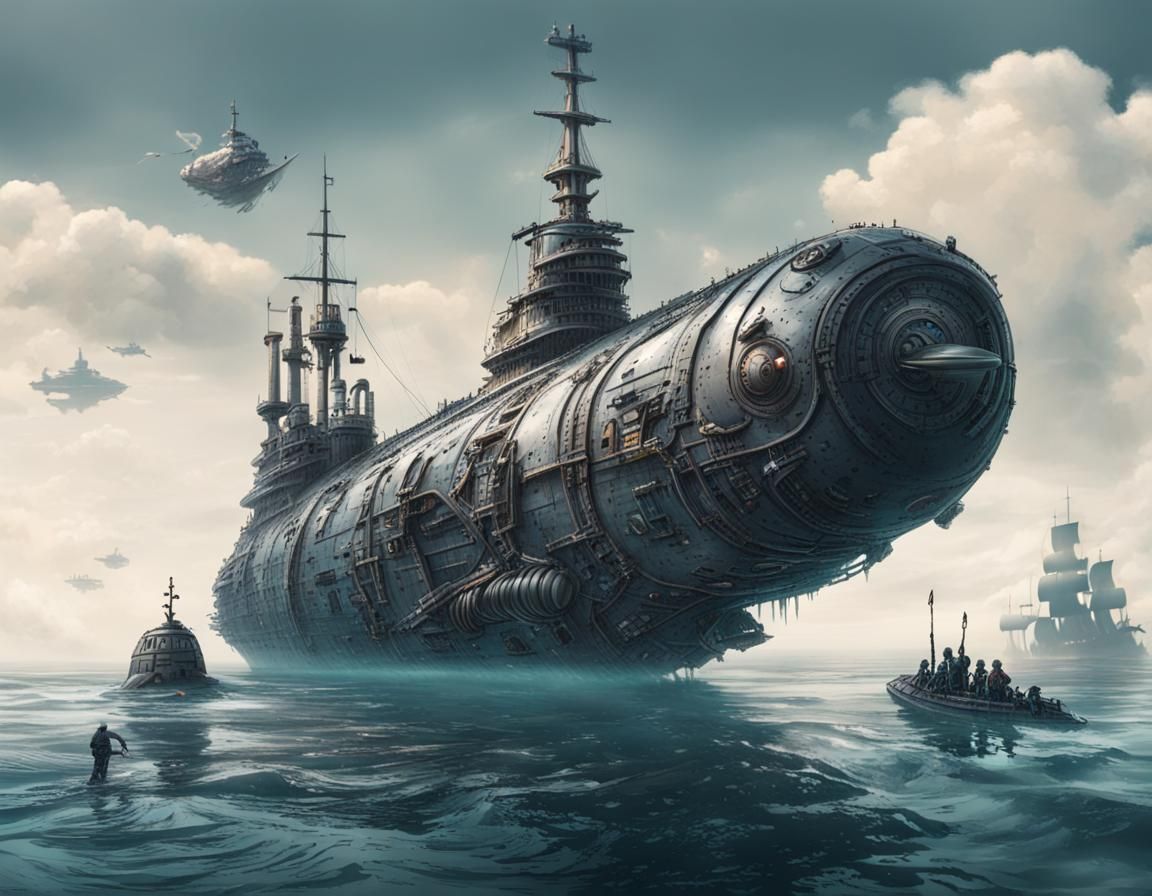 Huge alien submarine in the water chasing a pirate ship on the surface, hyperdetailed