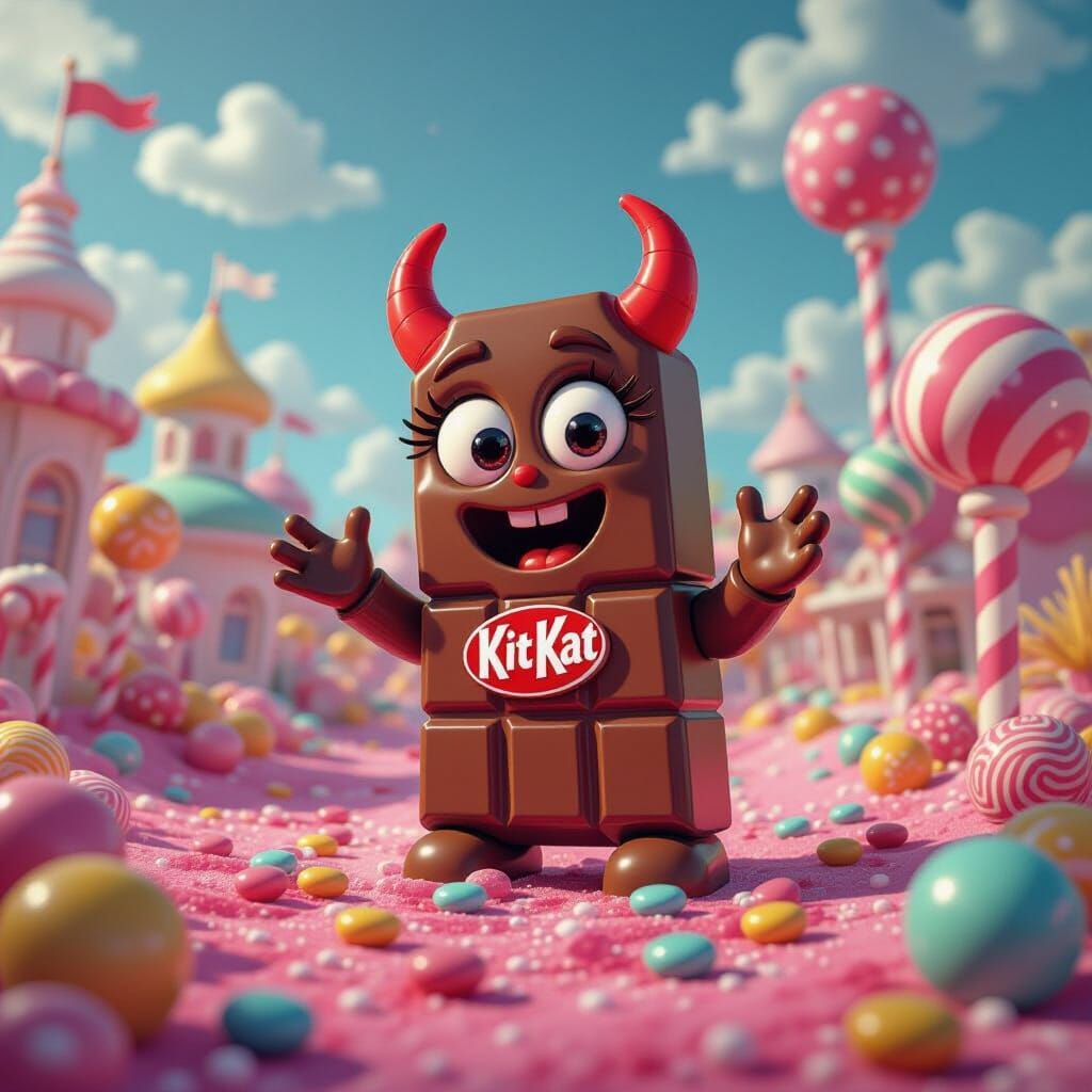 Whimsical KitKat Demon in Candyland, Digital Illustration