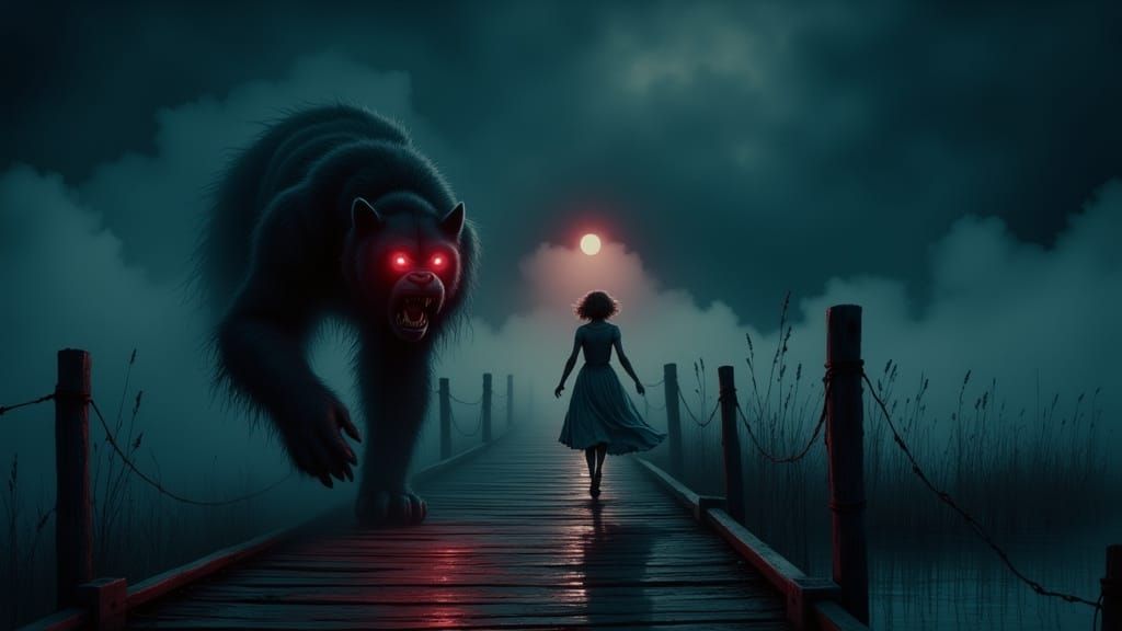 1940s Woman Flees Drooling Beast on Foggy Dock