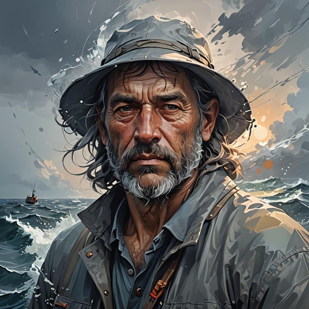 Fisherman at Sea in Abstract Style